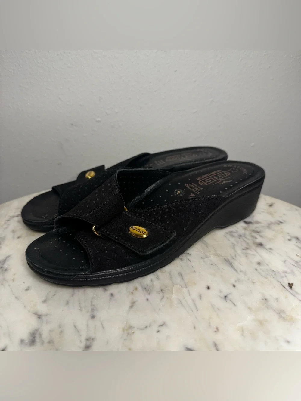 Fly Flot Italian Comfort Sandals Size 7 US/ 37 Euro black wedges Suede shoes